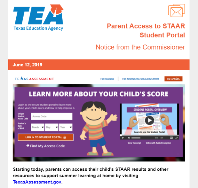 Parent Access to STAAR Student Portal Webpage Clip; Learn More About Your Child's Score